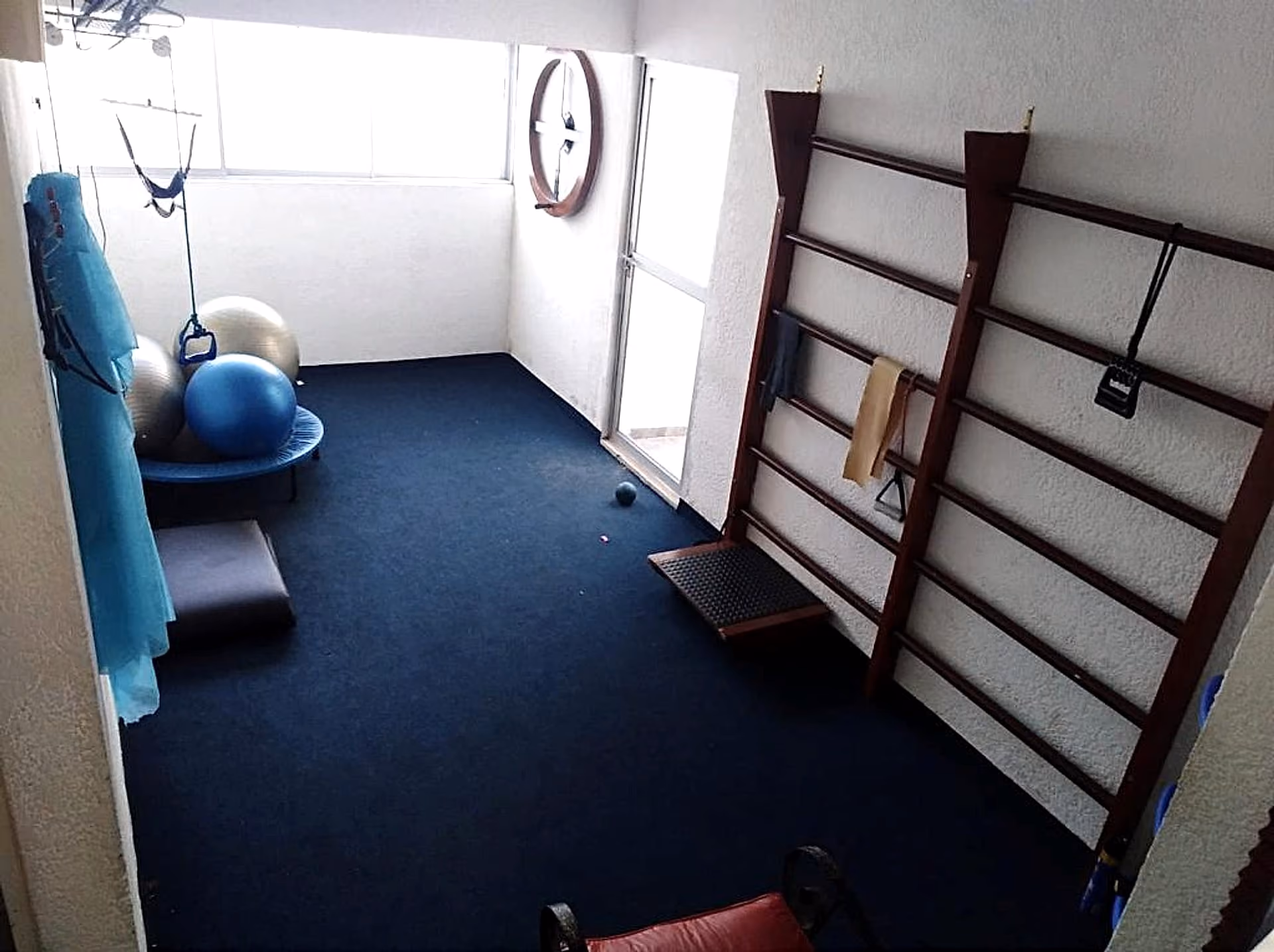 Sala de terapia del centro, con barras de pared y pelotas de ejercicio